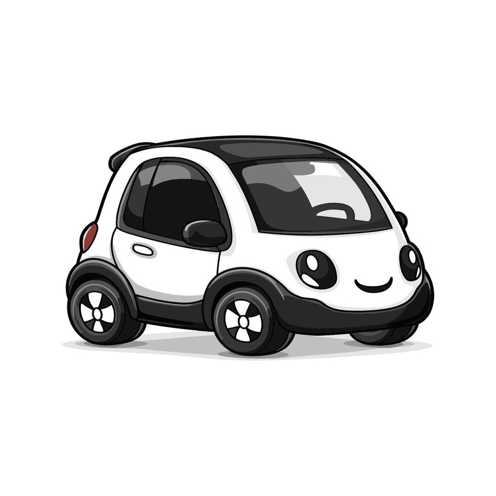 Cartoon car with a smiling face is parked on a white background. The car is small vector