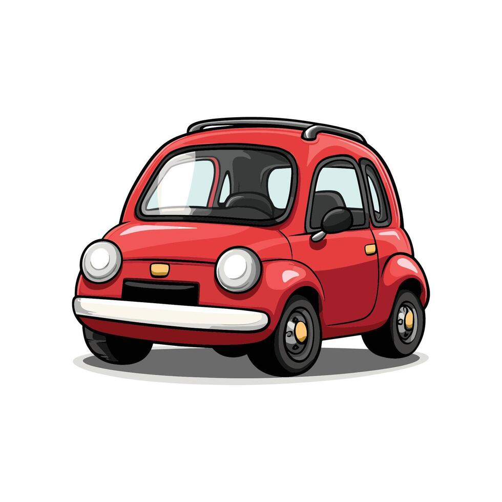 Cartoon car with a red body and white trim. The car is parked on a white background vector