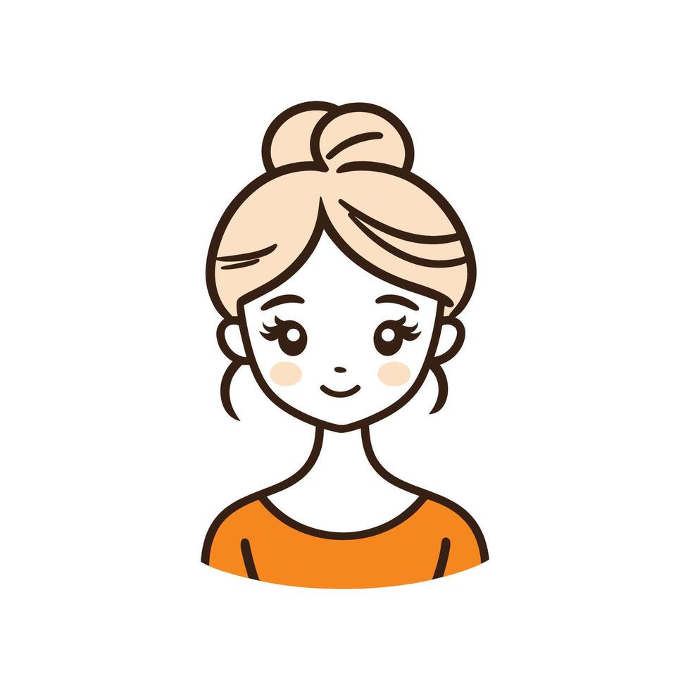 Cartoon girl with a bun on her head and a smile on her face. She is wearing an orange shirt vector