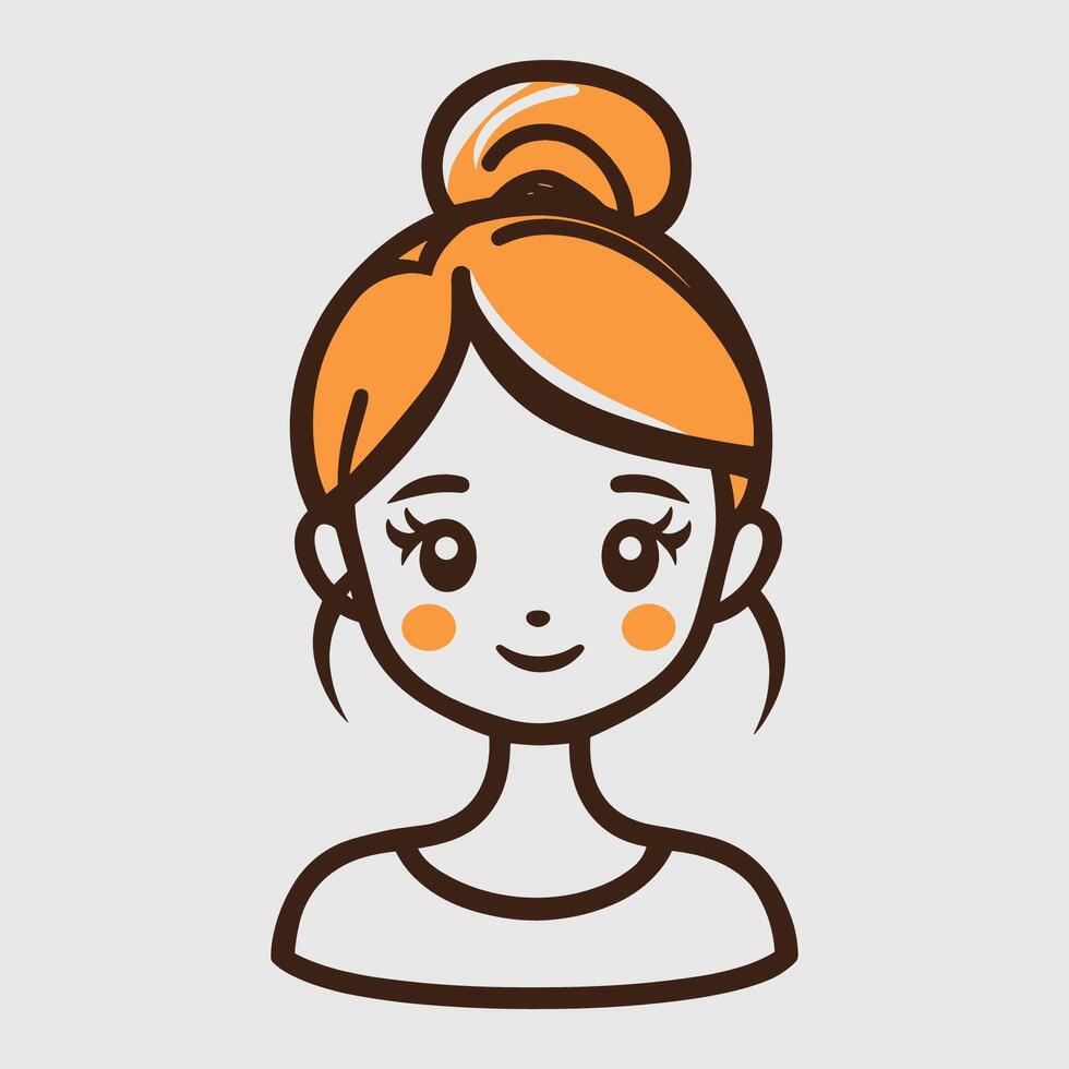 Cartoon girl with a bun on her head. She is smiling. The girl is wearing a white shirt vector
