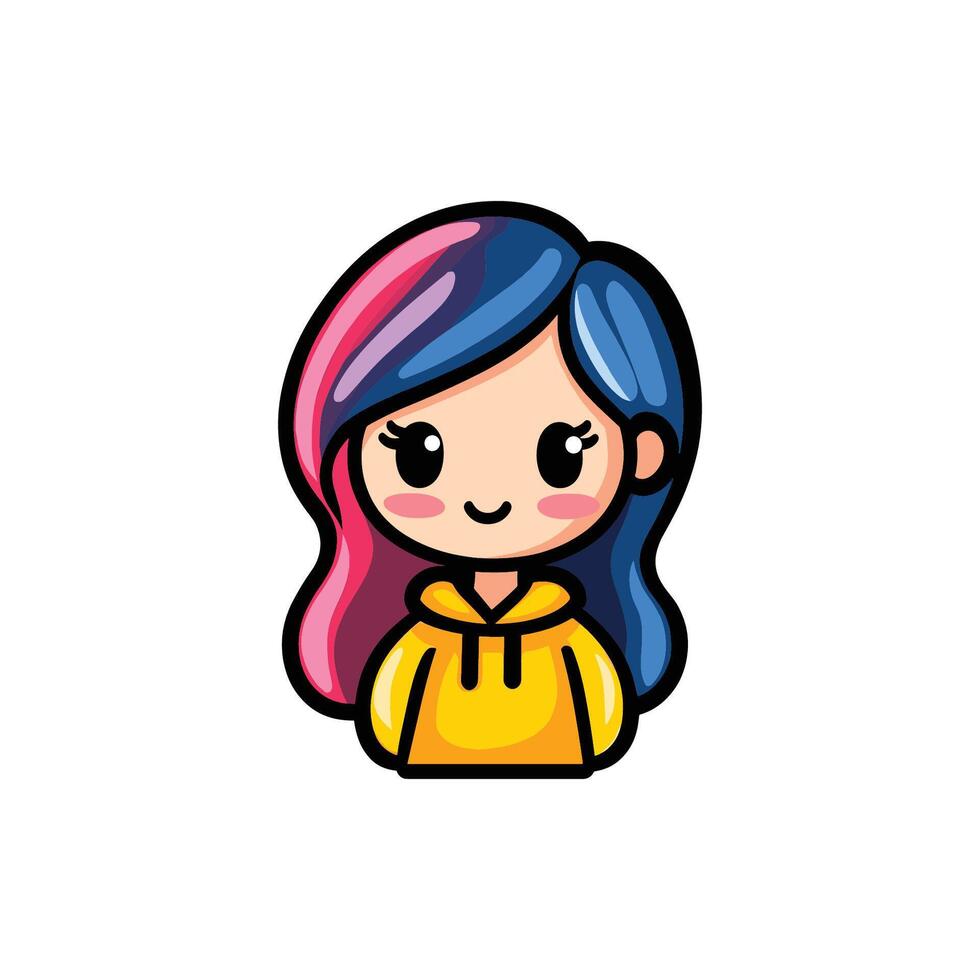 Cartoon girl with blue and pink hair and a yellow hoodie. She is smiling and looking at the camera vector
