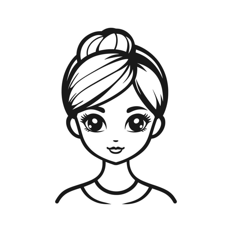 Young girl with a bun on her head. She has a smile on her face. The image is black and white vector