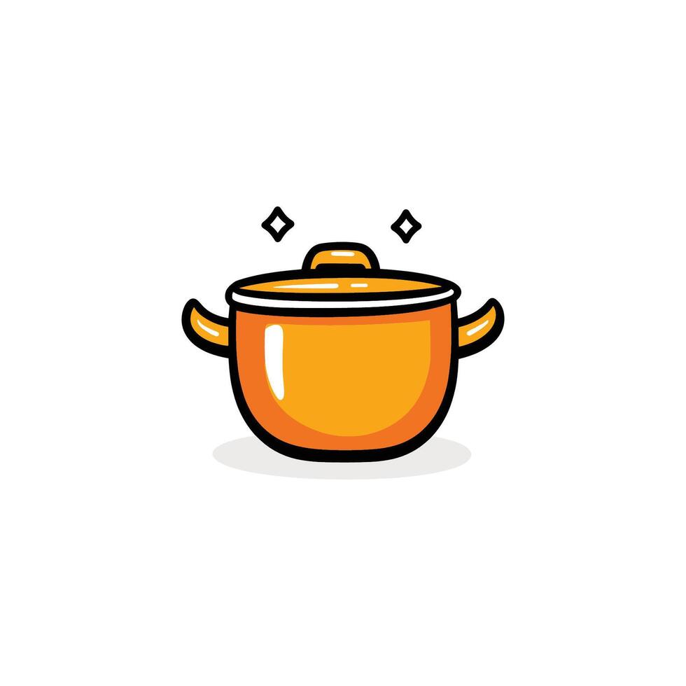 Cartoon drawing of a pot with a lid on top. The pot is orange and has a shiny surface vector