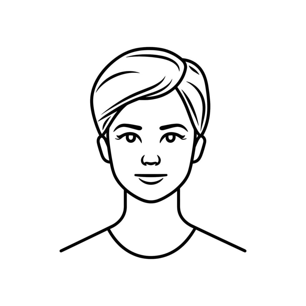 Woman with short hair and a smile. She is wearing a white shirt. The image is black and white vector