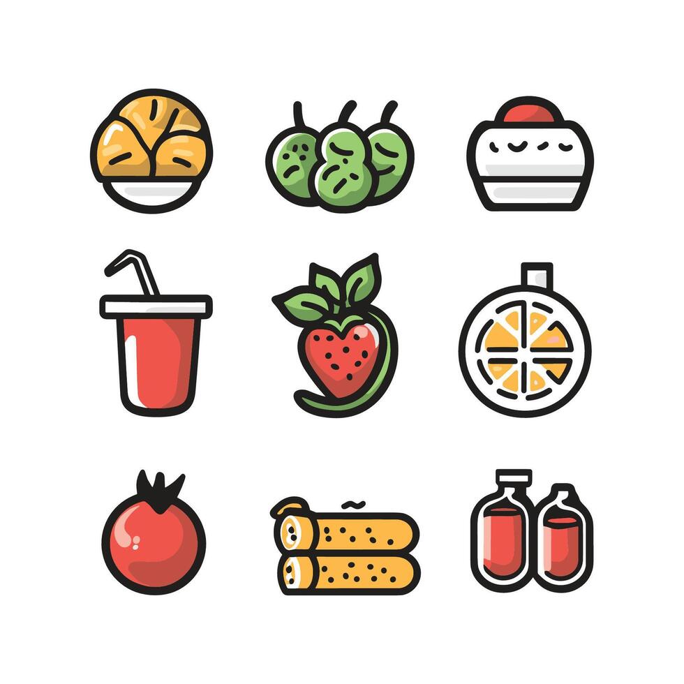 Set of food icons including a strawberry, a tomato, a slice of cake, a cup of juice, and a bottle vector