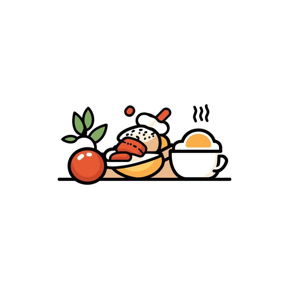 Cartoon drawing of a plate of food with a cup of coffee on the right. The plate has a sandwich vector