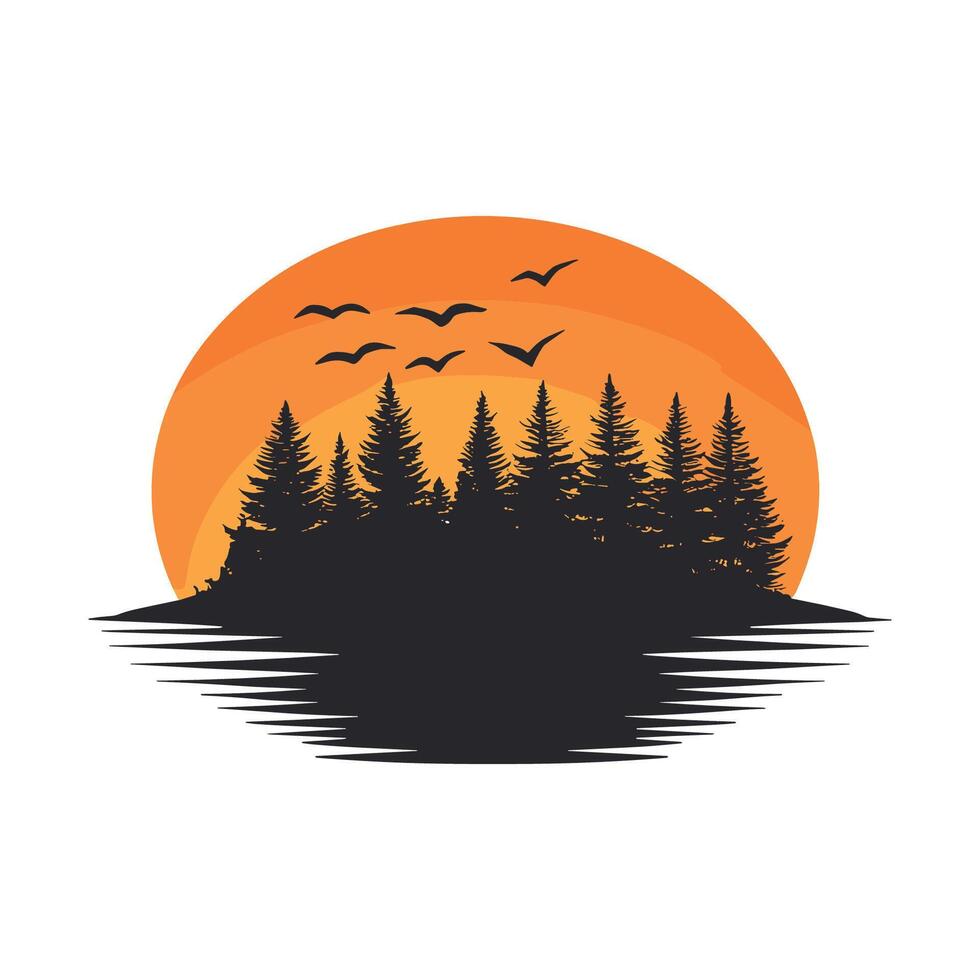 Silhouette of a forest with a sun in the background. The sun is orange vector