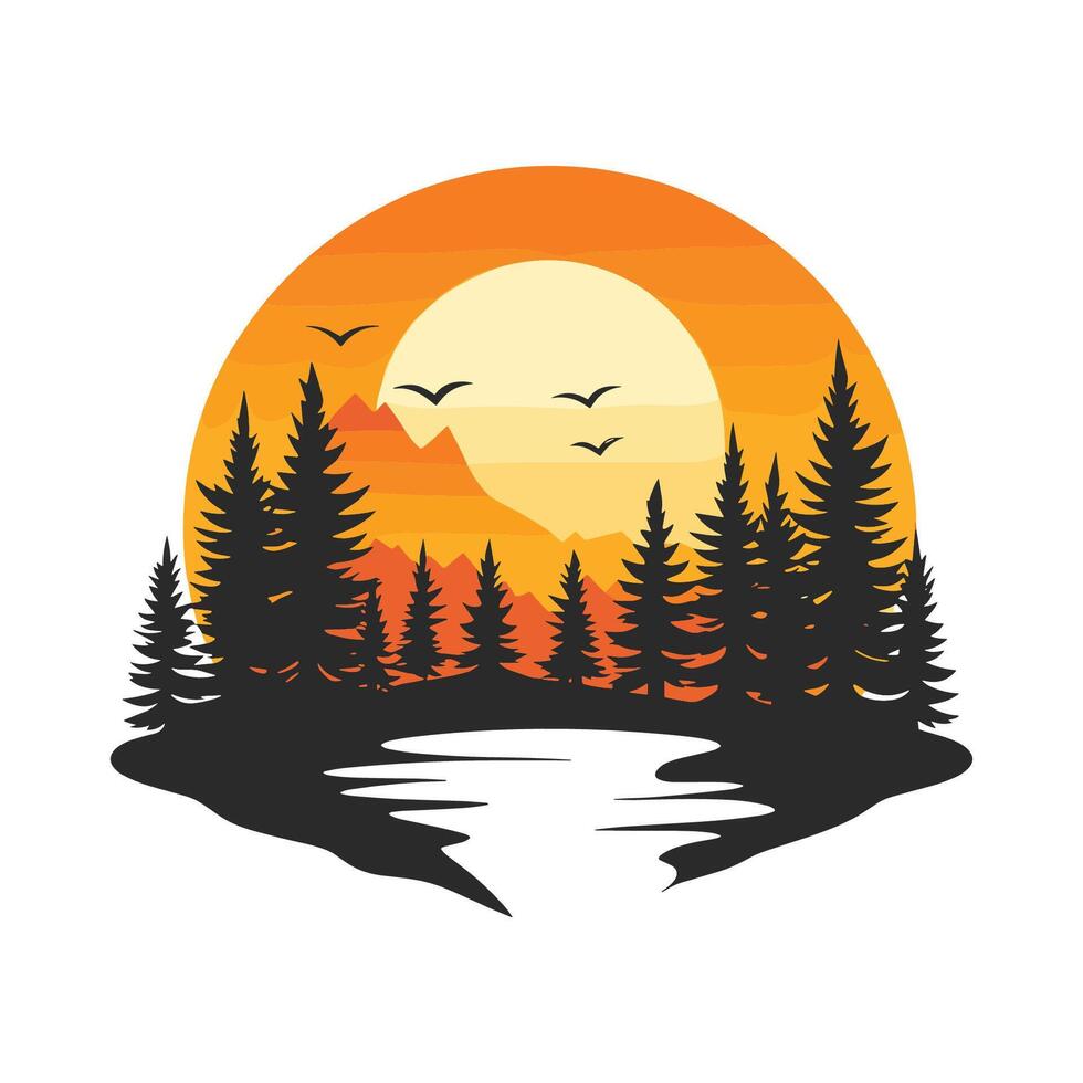 Beautiful orange and black drawing of a sunset with a large sun and a body of water vector