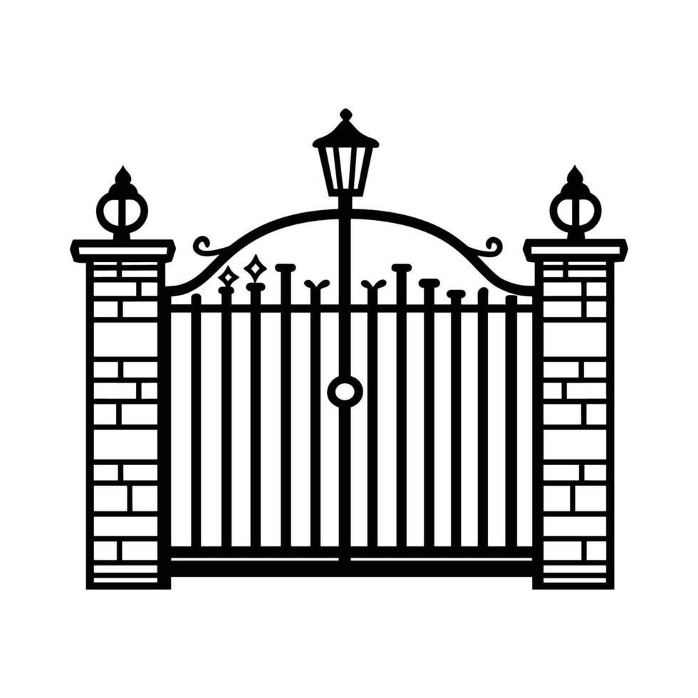 Black and white gate with a lamp post on top. The gate is made of metal and has a circular design vector