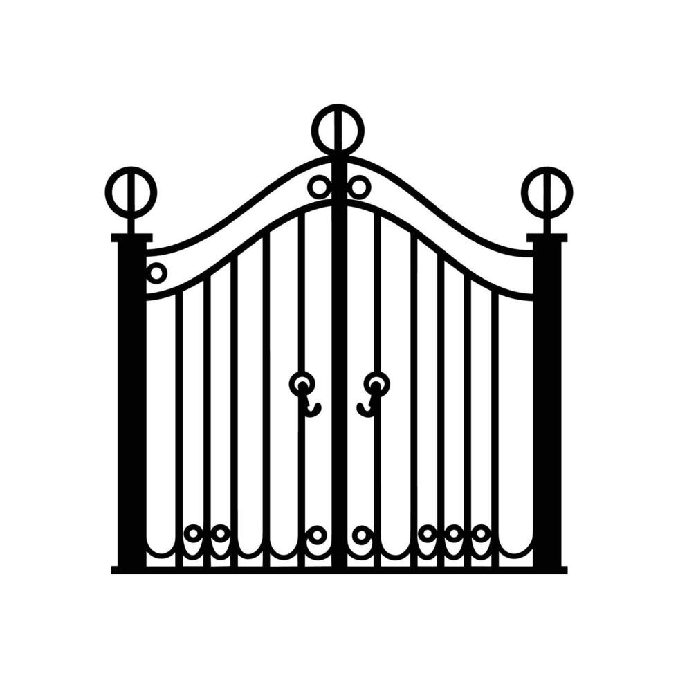 Black gate with two doors and three pillars. The gate is made of metal vector