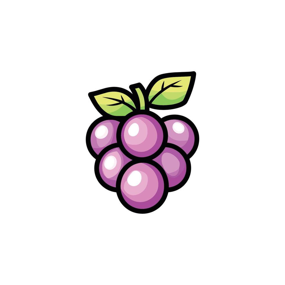 The image is a colorful cartoon drawing of a bunch of purple grapes with a green leaf on top vector