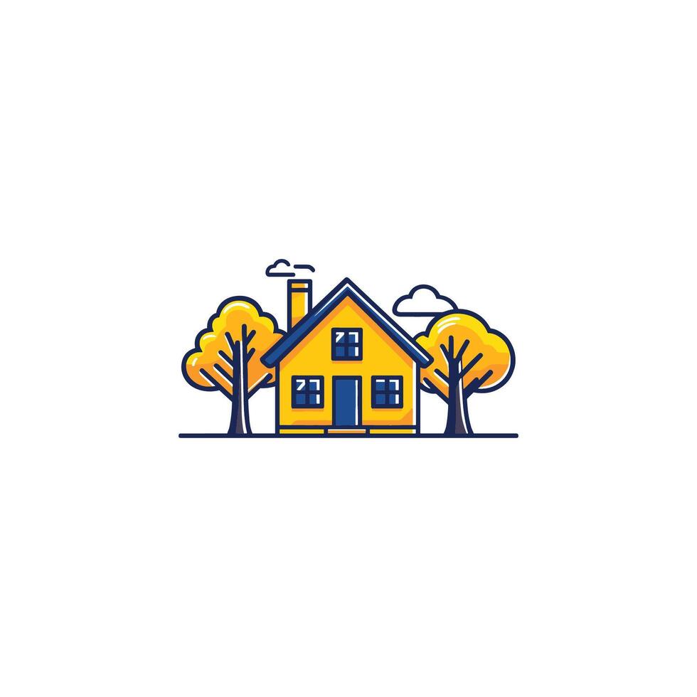 Yellow house with a chimney and a tree in front of it. The house is surrounded by trees vector
