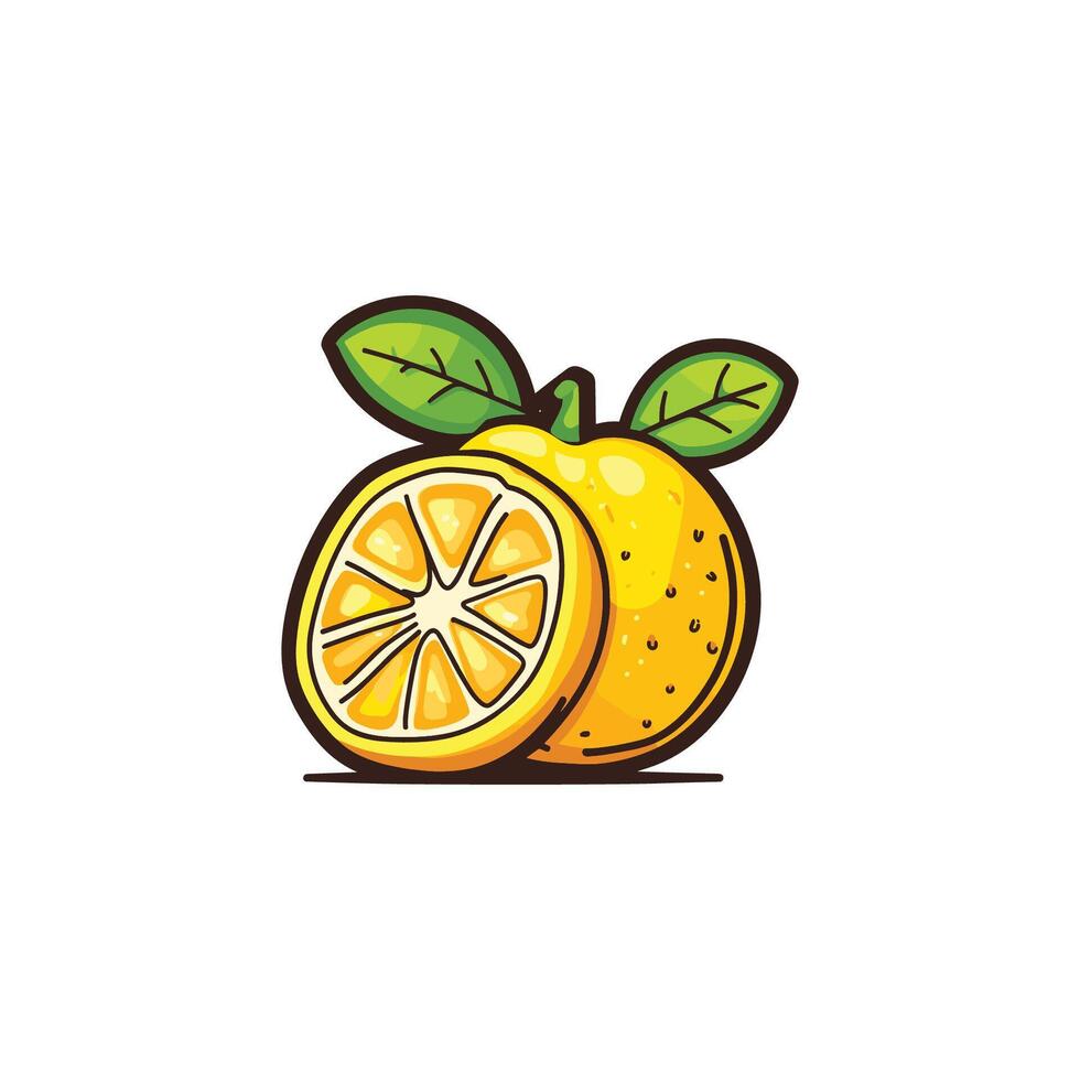 Cartoon drawing of a lemon with a leaf on top. The lemon is cut in half, revealing its juicy vector