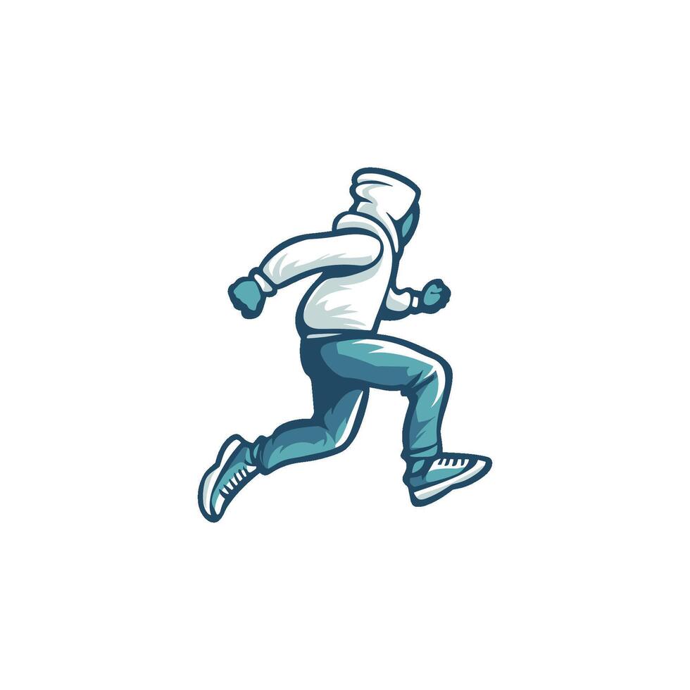 Cartoonish man in a white hoodie and blue pants is running. The image has a playful vector