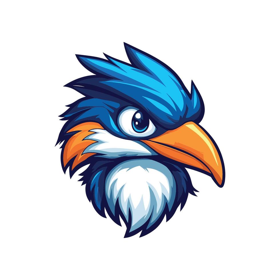 Cartoon bird with blue and orange feathers and a blue beak. The bird has a fierce look on its face vector