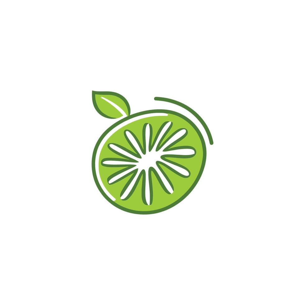 Green and white logo of a lime. The lime is cut in half and the stem is visible vector