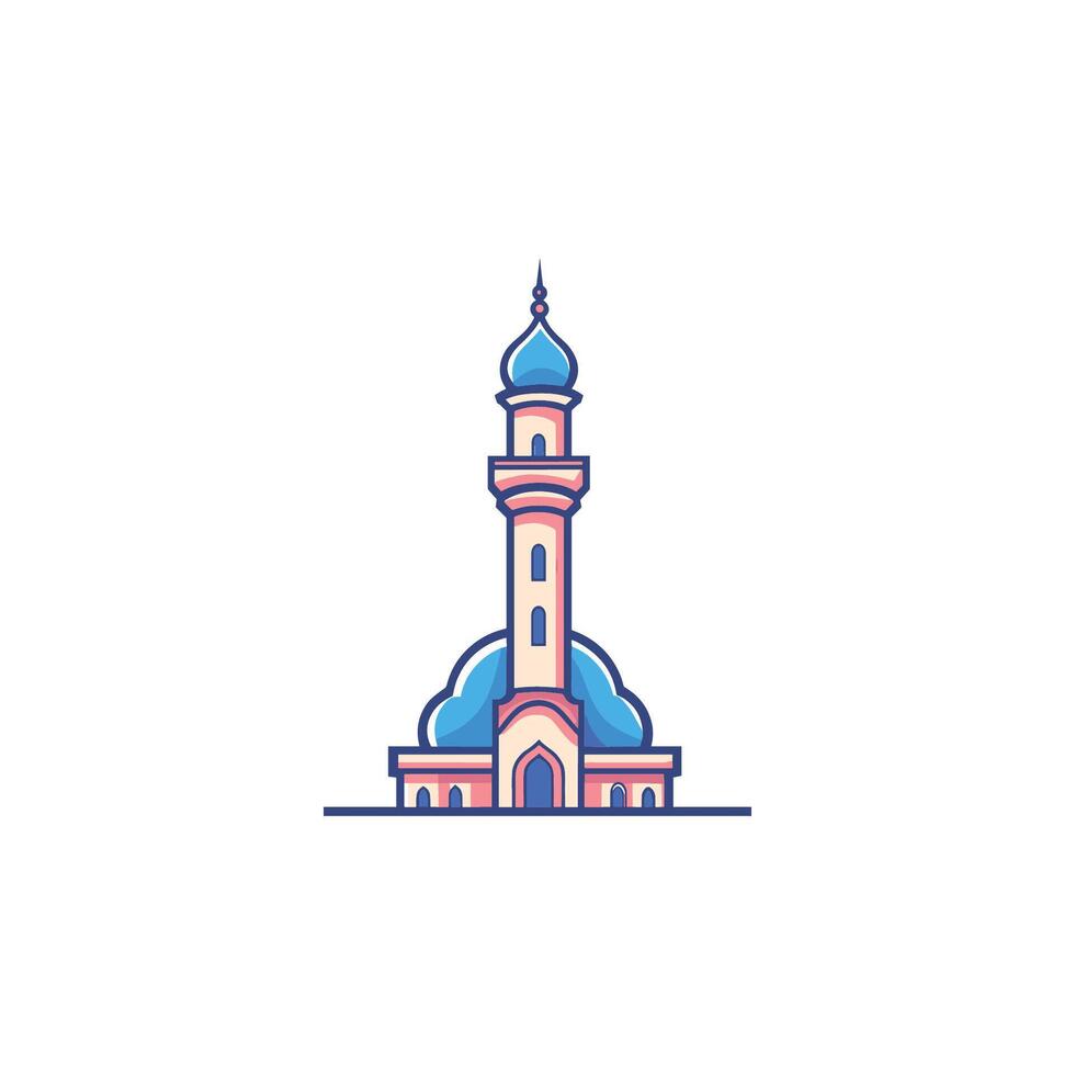 Tall blue and white building with a dome on top. It is a mosque. The building is very tall vector