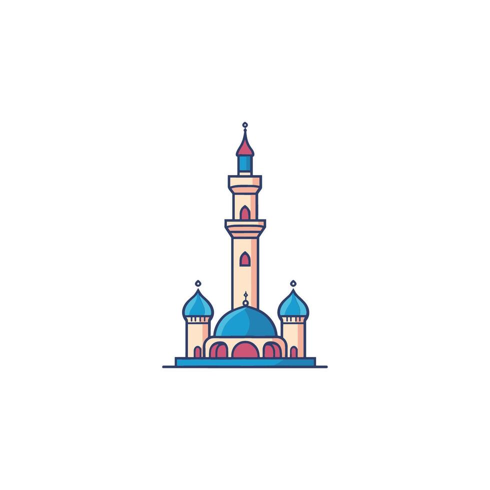 Blue and white building with a blue dome. The building is a mosque. The building is tall vector