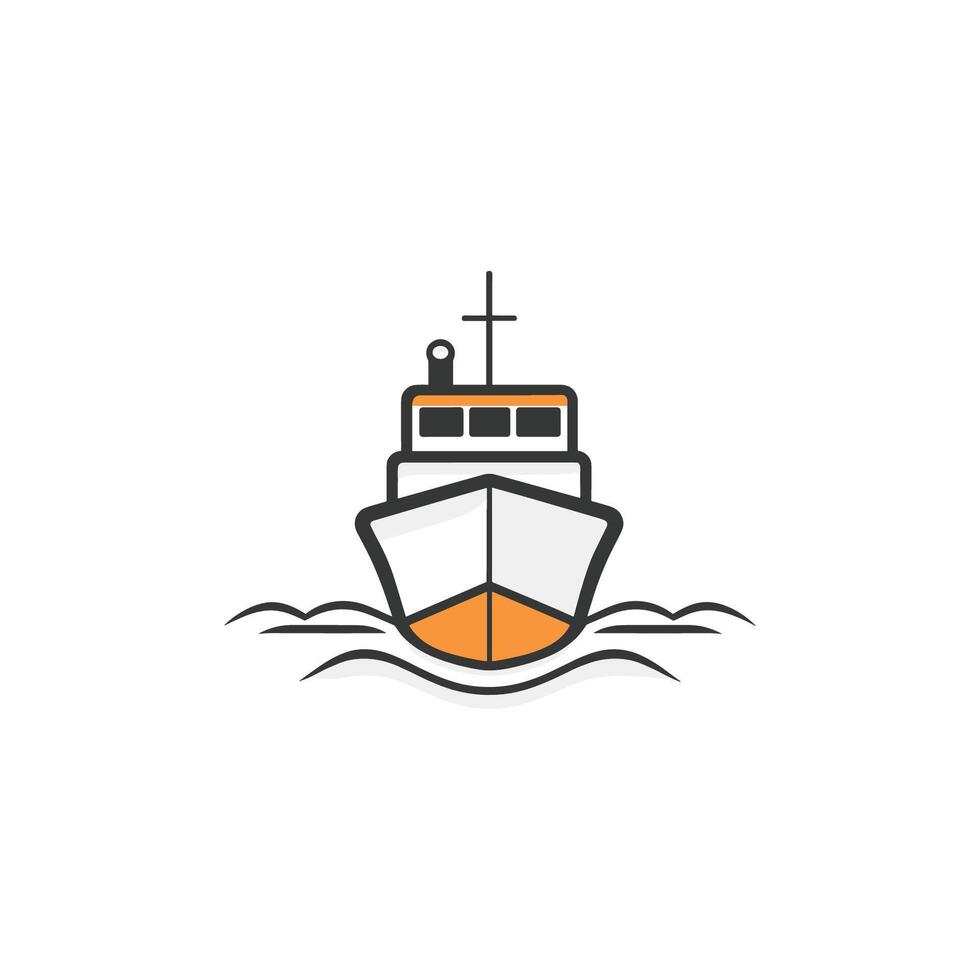 Boat is shown in the water with a white background. The boat is large and has a distinct shape vector