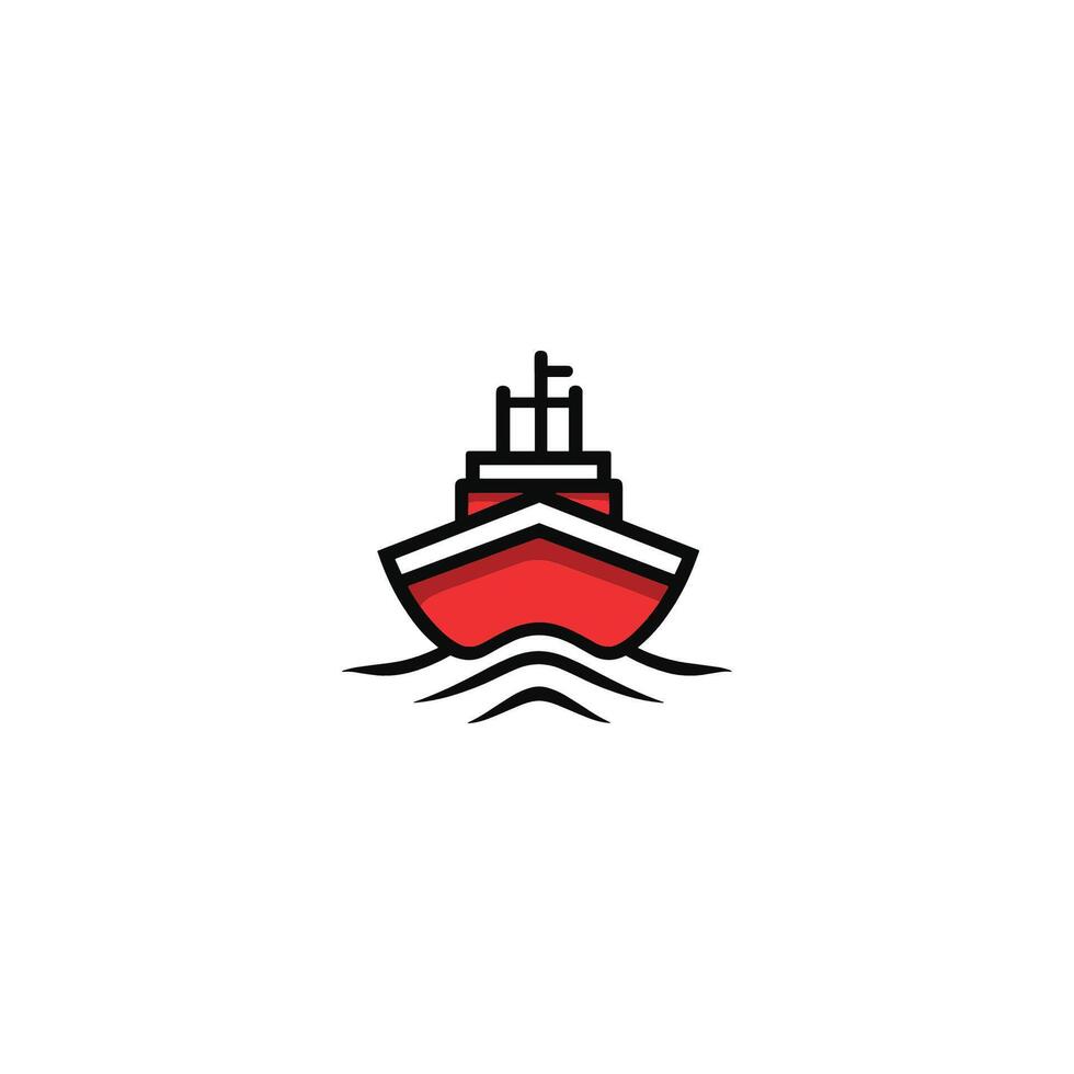 Red boat is on the water. The boat is large and has a white stripe on it vector
