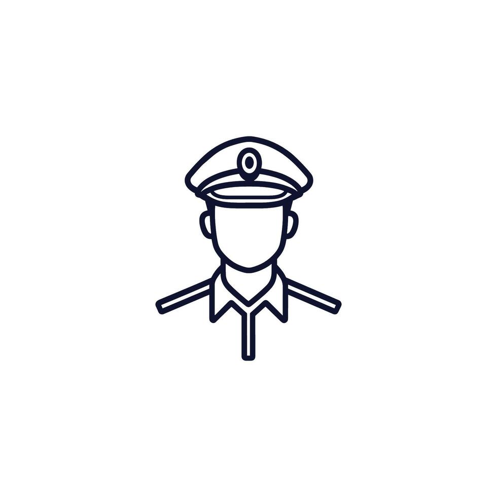 Man in a uniform with a hat and a badge. He is a police officer. The image is black and white vector