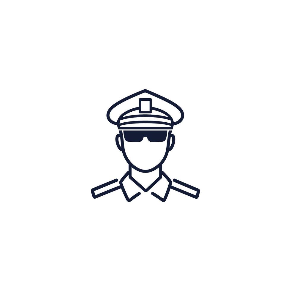 Man in a uniform with sunglasses on his face. He is a police officer. The image is black and white vector