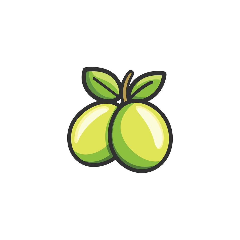 Two green olives with a leaf on top. The image has a bright and cheerful mood vector