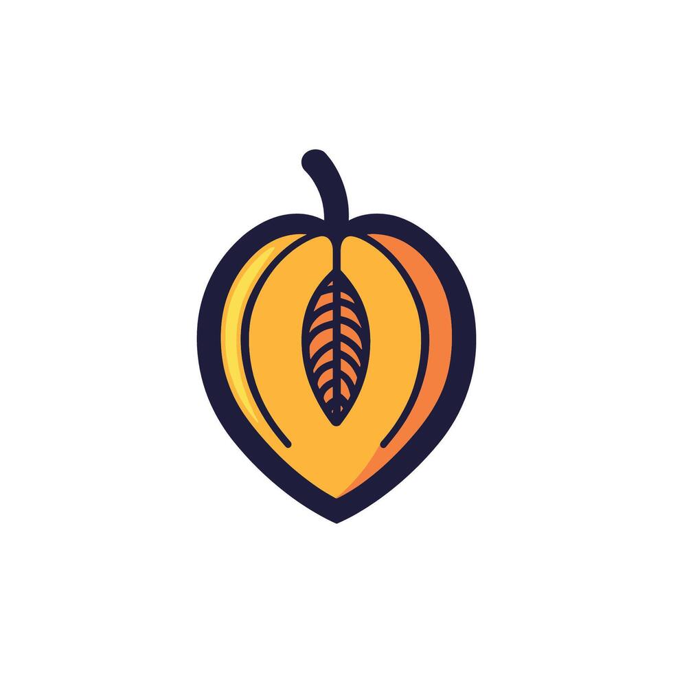 Cartoon drawing of a peach with a leaf on it. The peach is cut in half, revealing the seeds inside vector