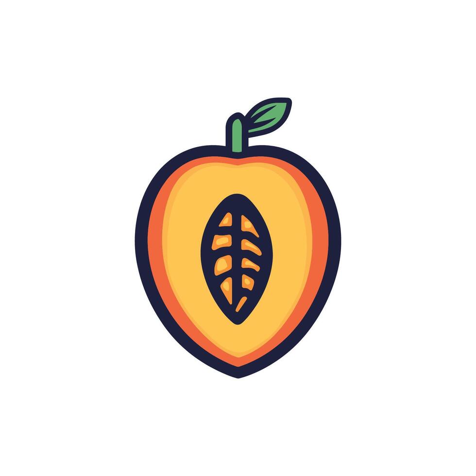 Cartoon drawing of a peach with a leaf on it. The peach is cut in half, revealing the inside vector