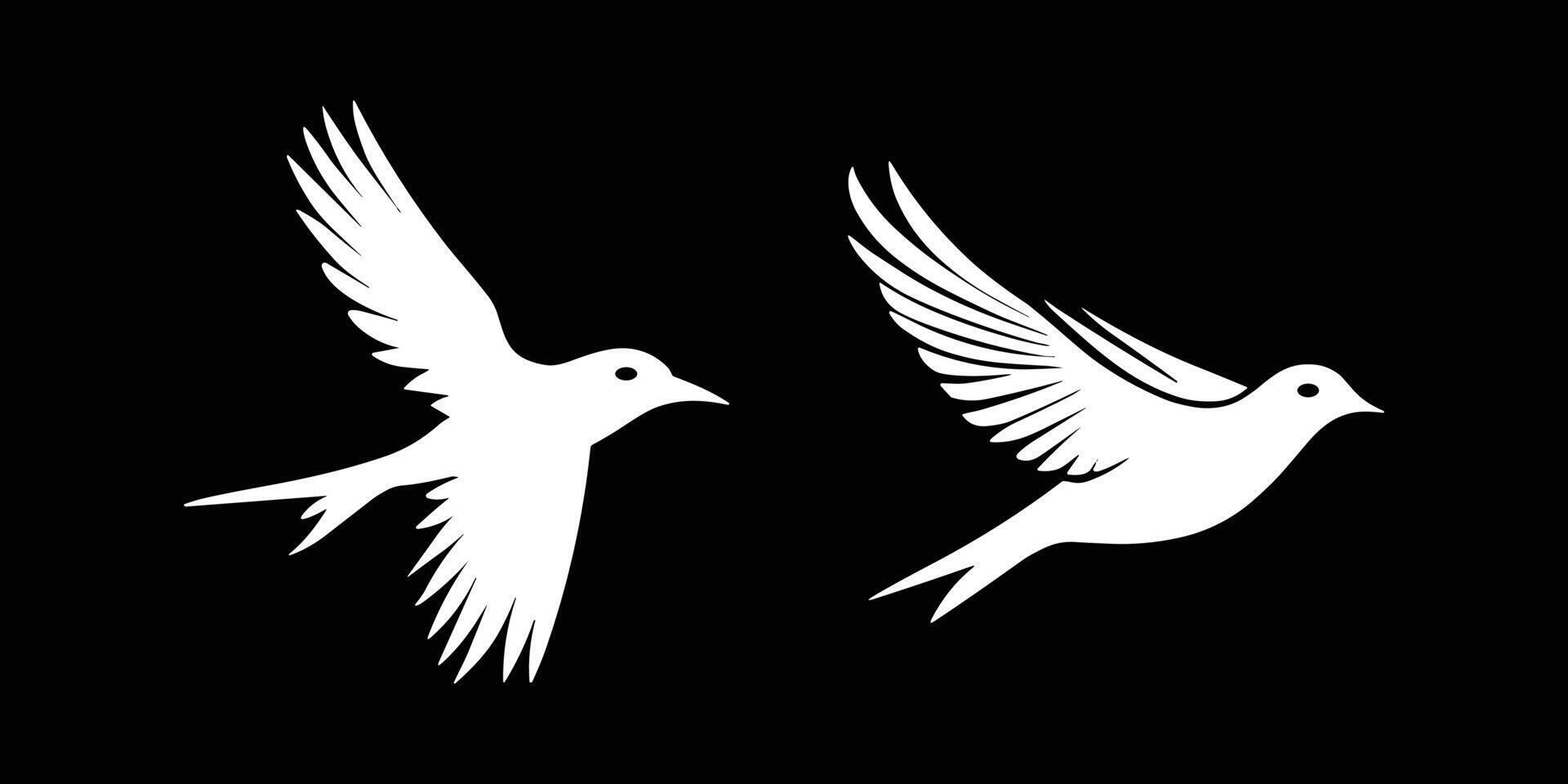 Two birds flying in the sky. The birds are white and have long wings. The image is black and white vector