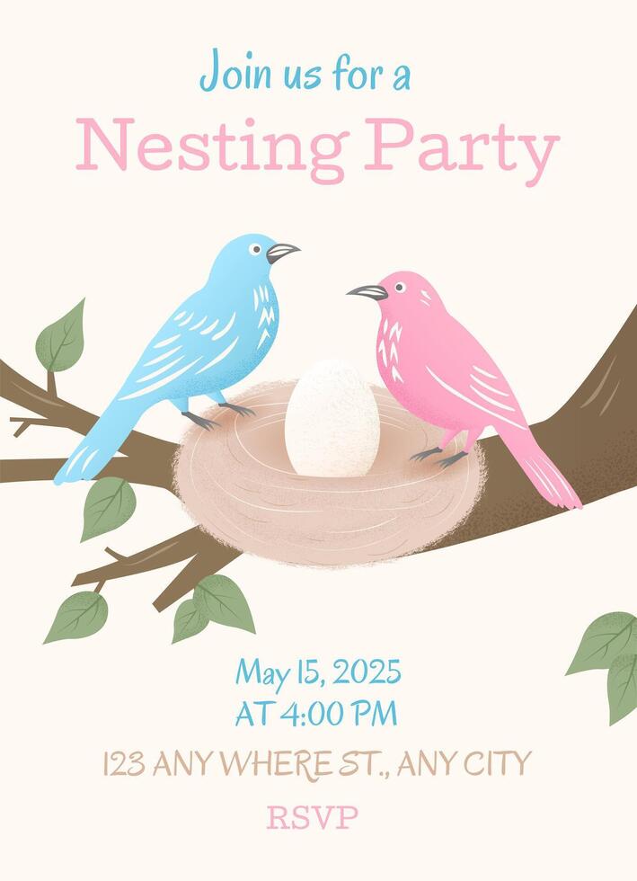 nesting party invitation,cute template with birds and nest with eggs vector
