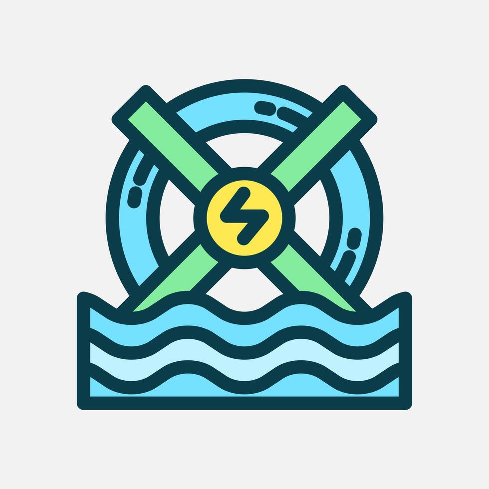 Water wheel icon Flat line color, free energy, ecology, renewable and green energy concept. Line and flat color icon. vector