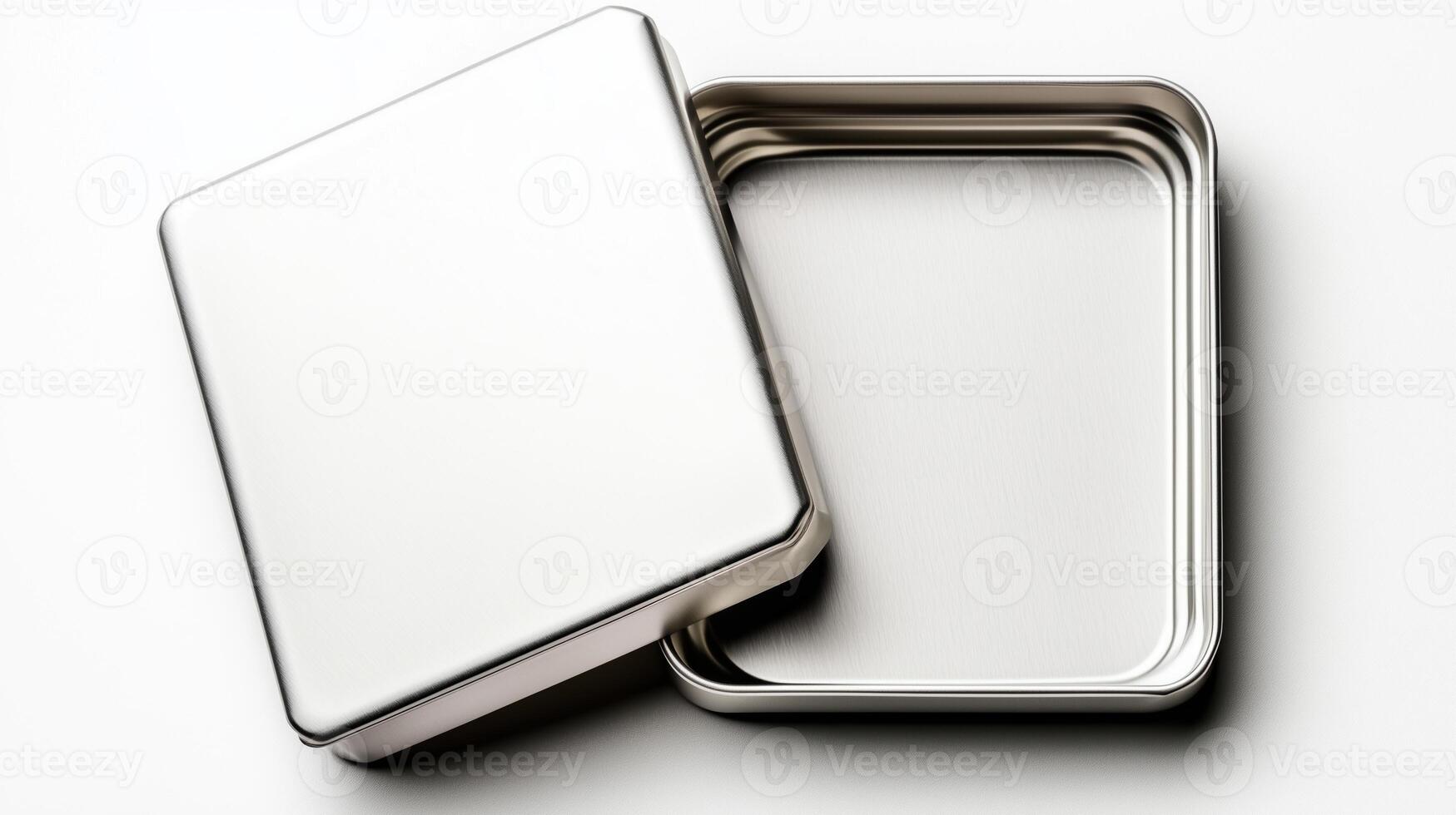 A sleek, modern, and minimalistic metal tin box with a removable lid, shown slightly open, revealing its smooth. photo