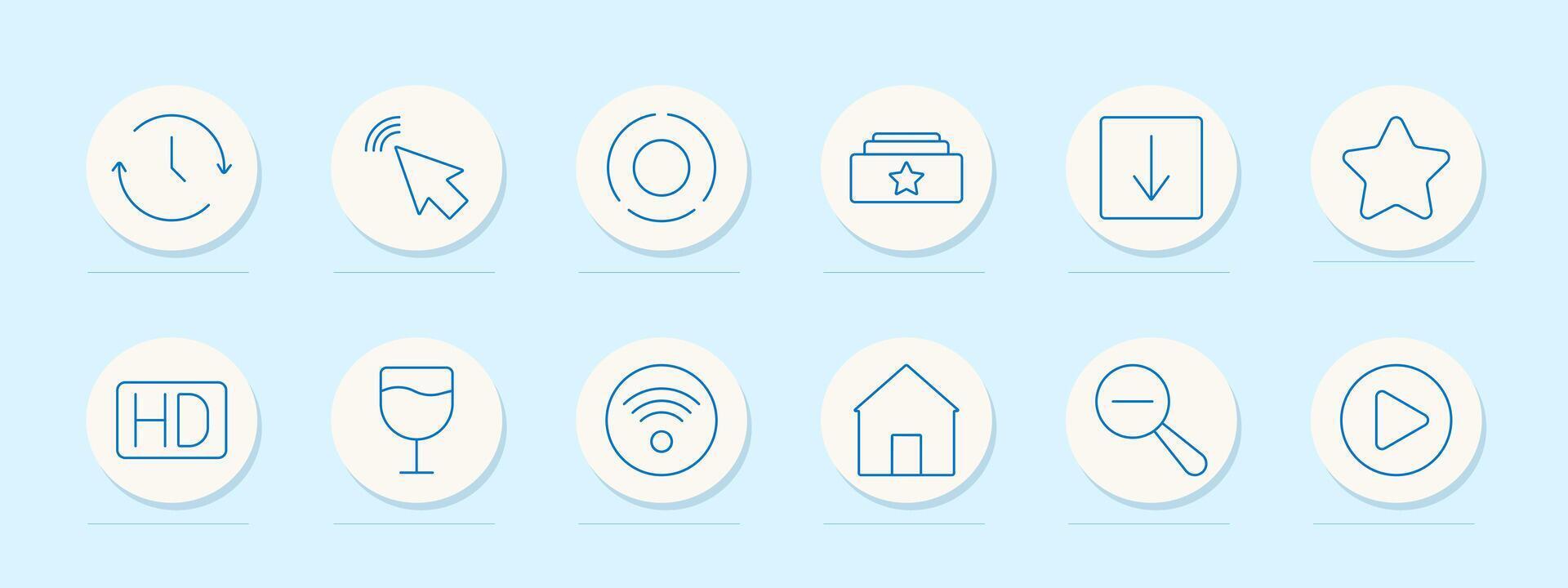 General actions set icon. Clock, arrow, pointer, star, folder, house, play button, search, high definition, wireless. Represent navigation, media, and technology tools vector