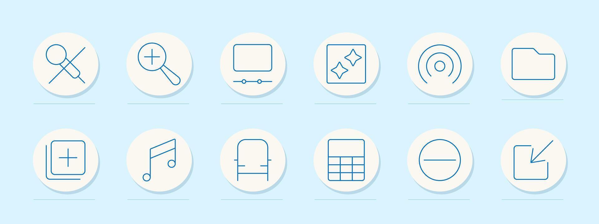 Magnify and tools set icon. Magnifying glass, cross, focus, folder, note, music, pie chart, file, radio waves. Represent searching, organizing, and editing tools vector