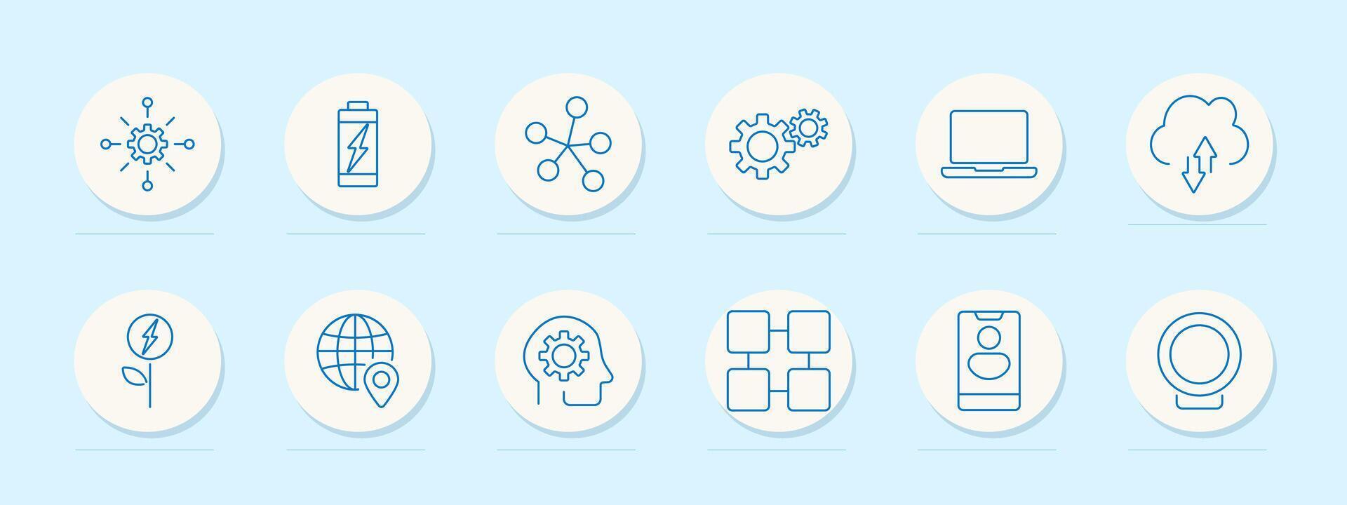 Digital technology set icon. Innovation, battery, networking, gears, laptop, cloud computing, eco energy, global positioning, AI, blockchain, smartphone, webcam vector