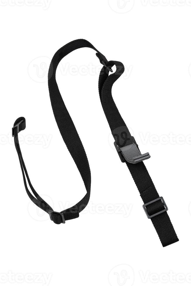 Adjustable black strap featuring plastic buckles, perfect for use with bags, backpacks, or luggage, set against a white background, highlighting its versatility and practicality. photo