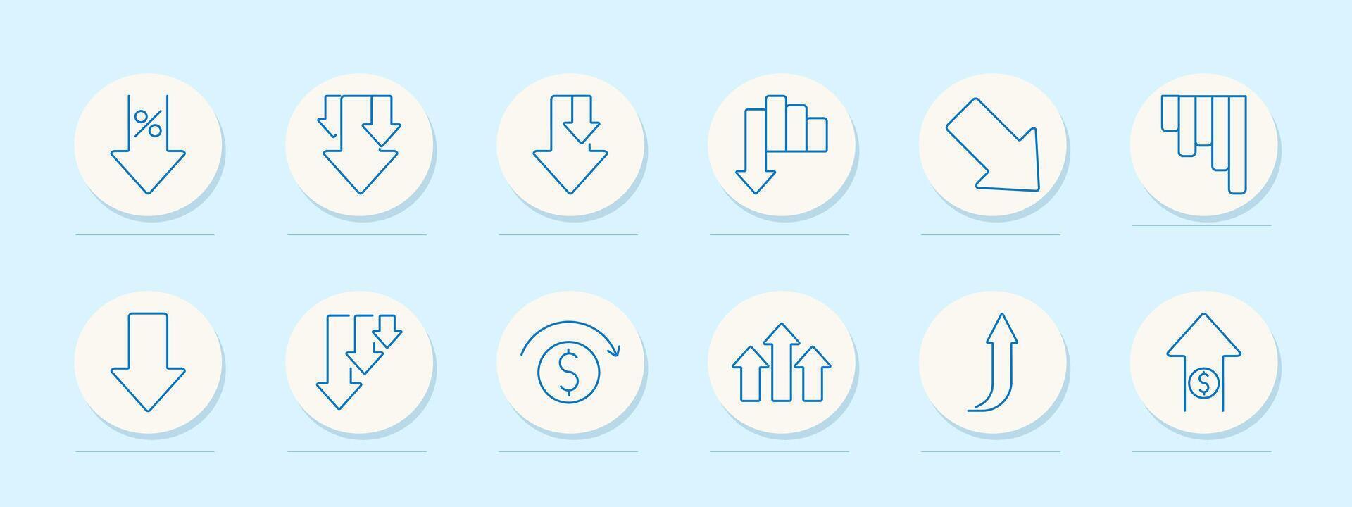 Downward trends set icon. Arrows, percentage drops, bar decreases, revenue loss, currency cycles. Represent financial loss, statistics, and analytics vector
