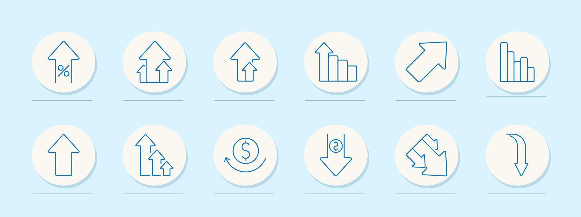Growth set icon. Arrows, bar graphs, percentage increases, upward trends, revenue cycle, financial growth. Represent economic performance, statistics, and financial progress vector