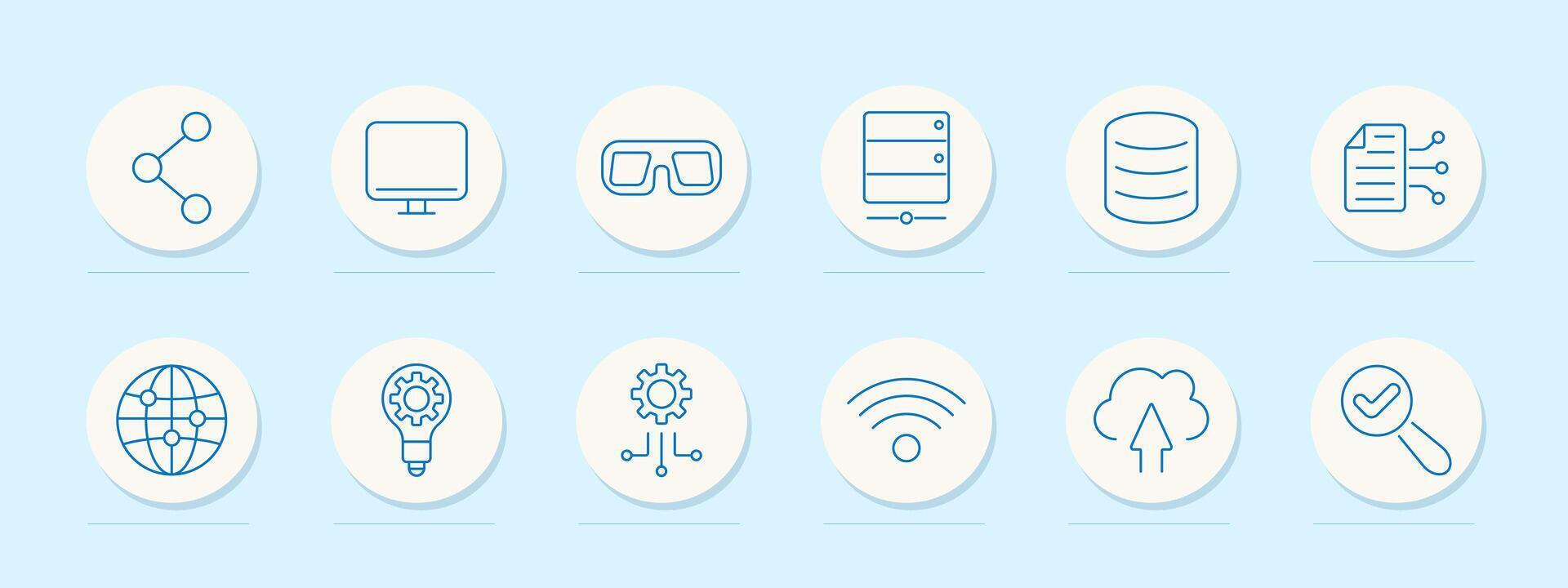 Data technology set icon. Networking, monitor, virtual reality, server, database, file transfer, global network, idea, AI, wireless, cloud upload, analytics vector