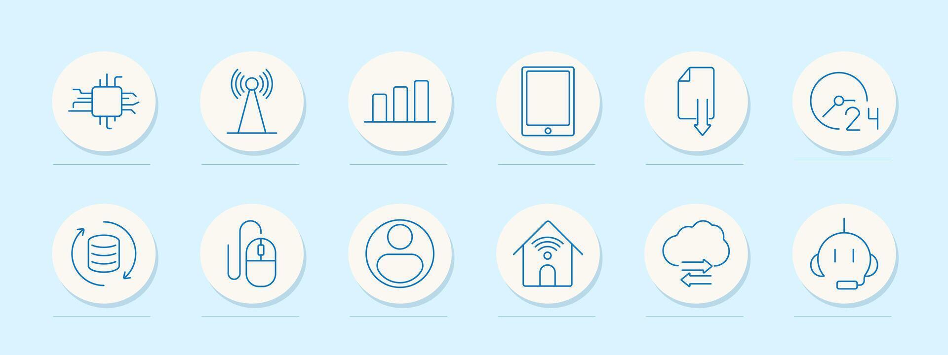 Technology services set icon. Microchip, connectivity, data analytics, tablet, download, support, backup, user, smart home, cloud services, customer support vector