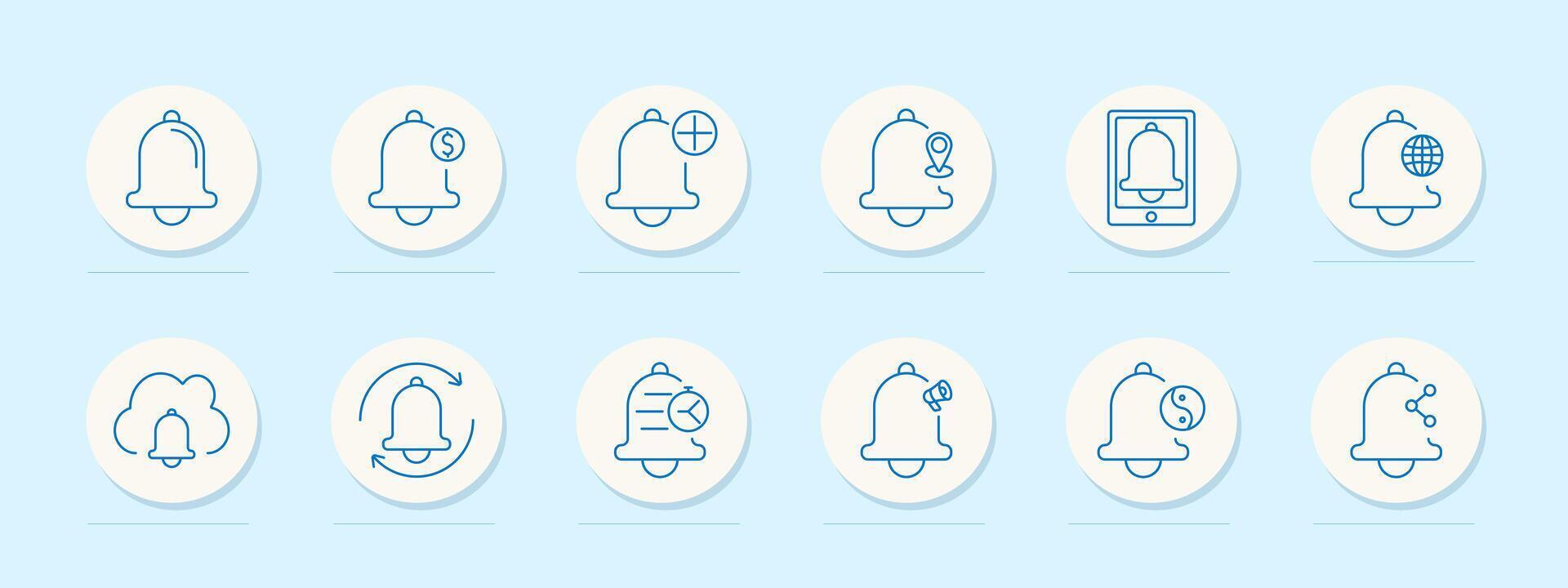 Notification set icon. Bell, location pin, money symbol, timer, alert, settings, message, calendar, share, protection shield, updates. Represent reminders, alerts, and notifications vector