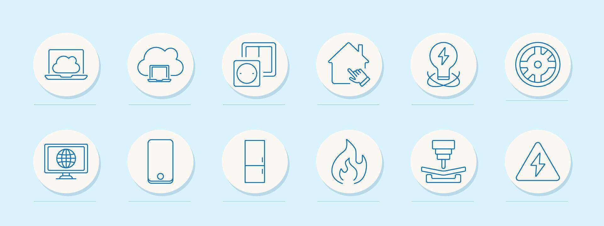 Home set icon. Laptop, cloud, socket, smart home, lightning energy, monitor, tablet, refrigerator, flame, industrial tool, warning. Represent smart homes, technology, and safety systems vector