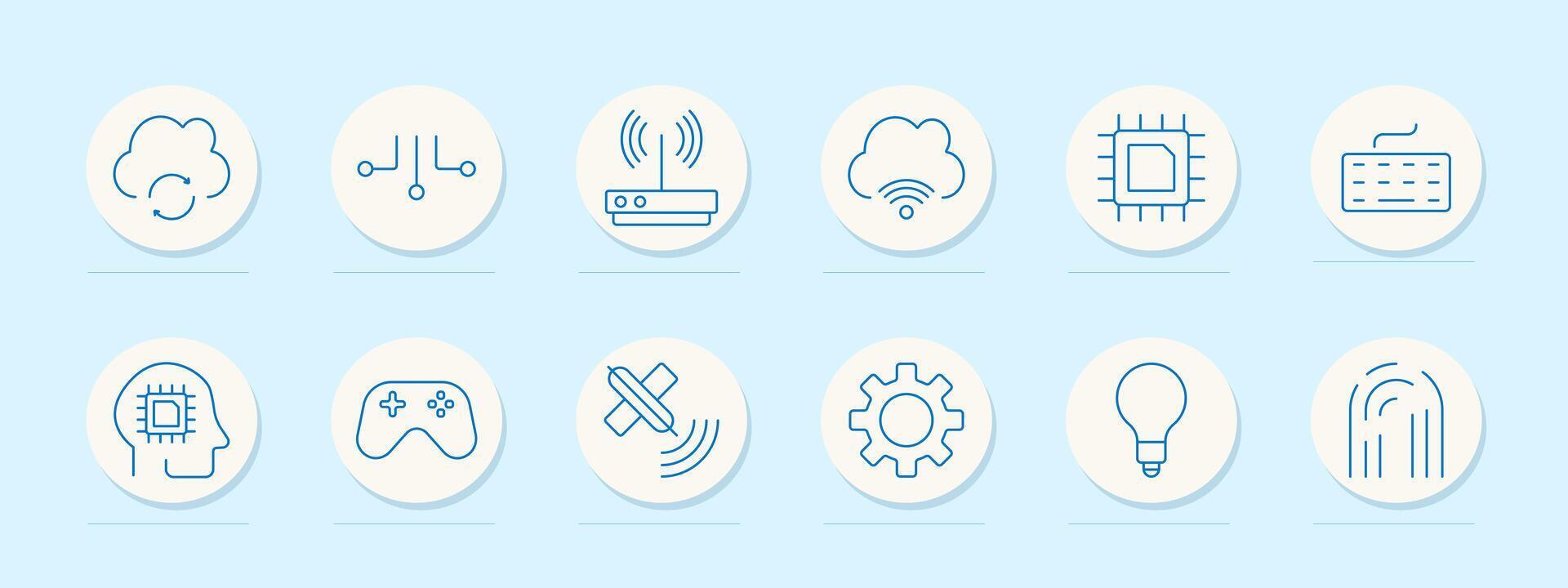 Technology set icon. Cloud storage, circuit, router, wireless connection, microchip, keyboard, AI, gaming, satellite, settings, idea, fingerprint recognition vector