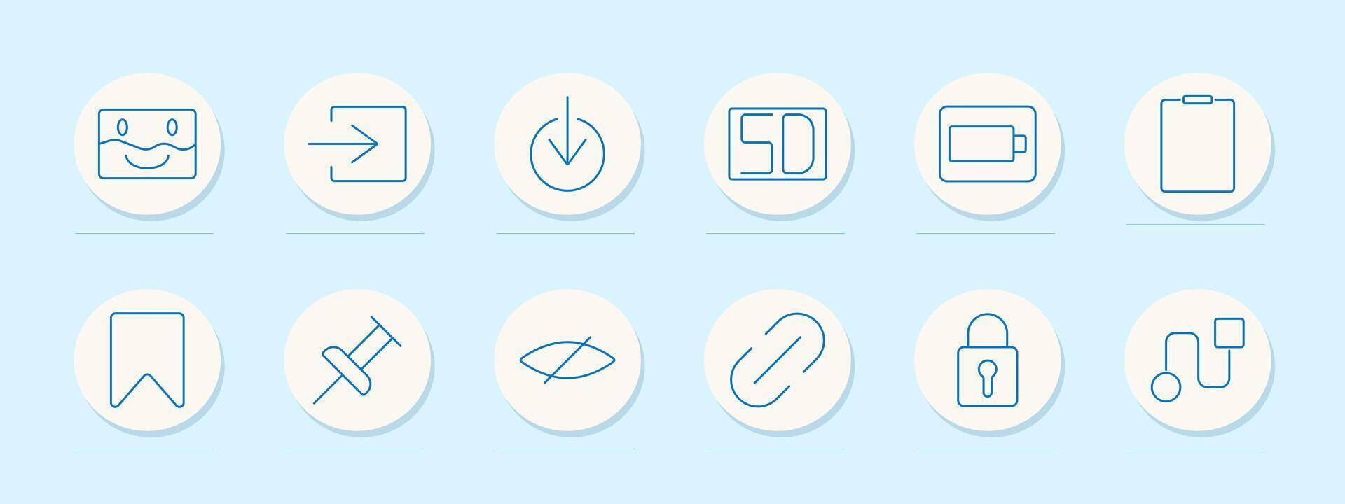 Tools and icons set icon. Smiley face, arrow, download, SD card, folder, lock, chain, pin, flowchart. Represent file management, navigation, and connections vector