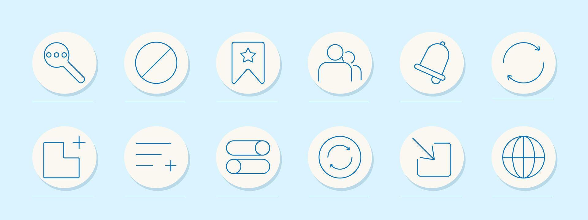 User interface set icon. Options, block, bookmark, group, notification, sync, add layout, align, switch, reload, upload, globe vector