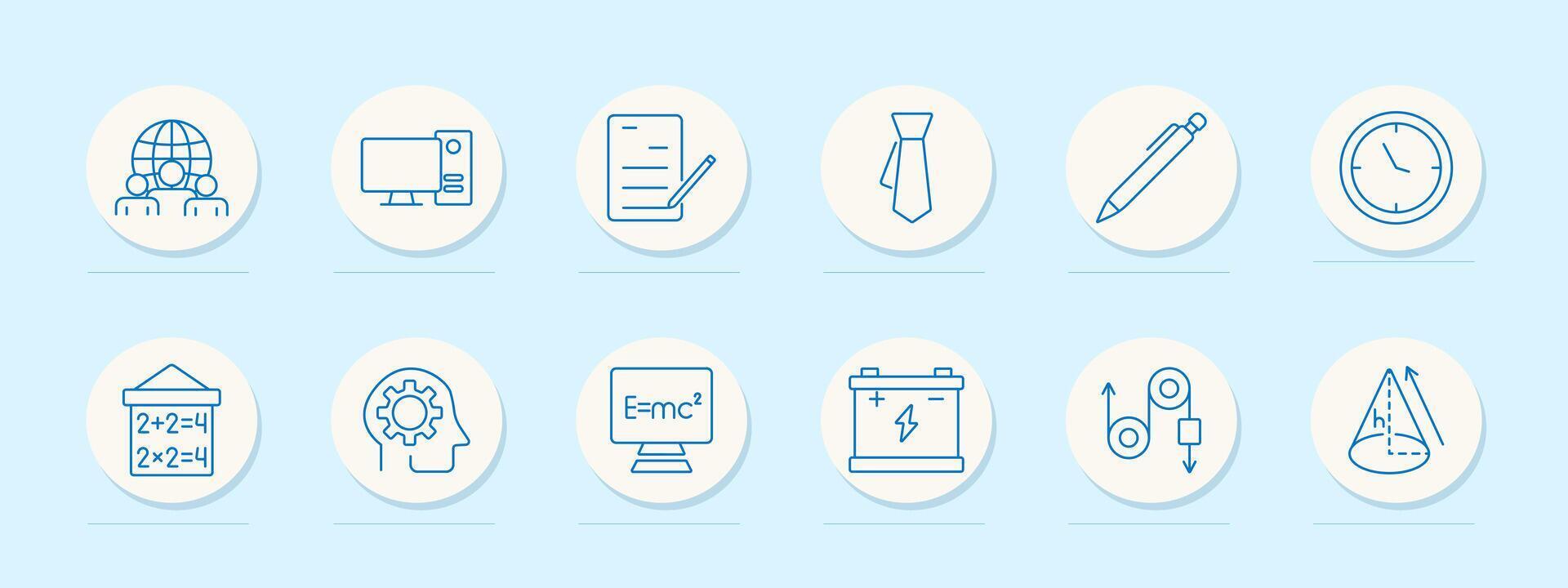 Education set icon. Globe, computer, document, tie, pen, clock, board, brain gear, formula, battery, physics diagram. Represent learning, time management, and academic concepts vector
