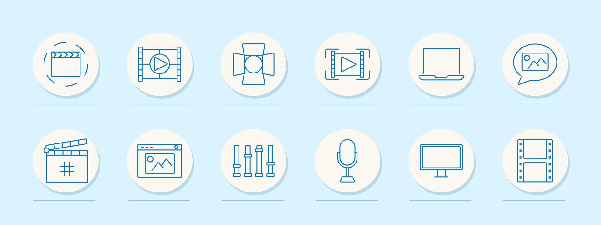 Cinema set icon. Spotlight, clapperboard, play button, monitor, image, sliders, microphone, screen, film strip. Represent editing, lighting, and sound design in filmmaking vector