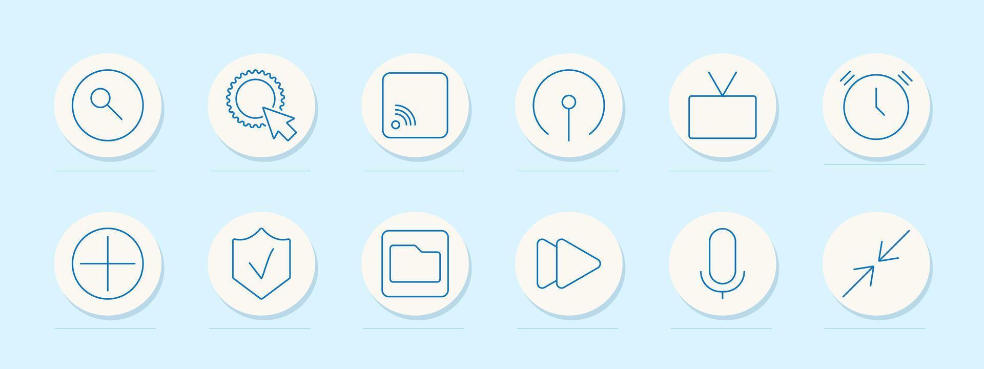 Technology set icon. Search, cursor on badge, wireless signal, radar, television, clock, add button, shield, folder, play button, microphone, minimize sign vector