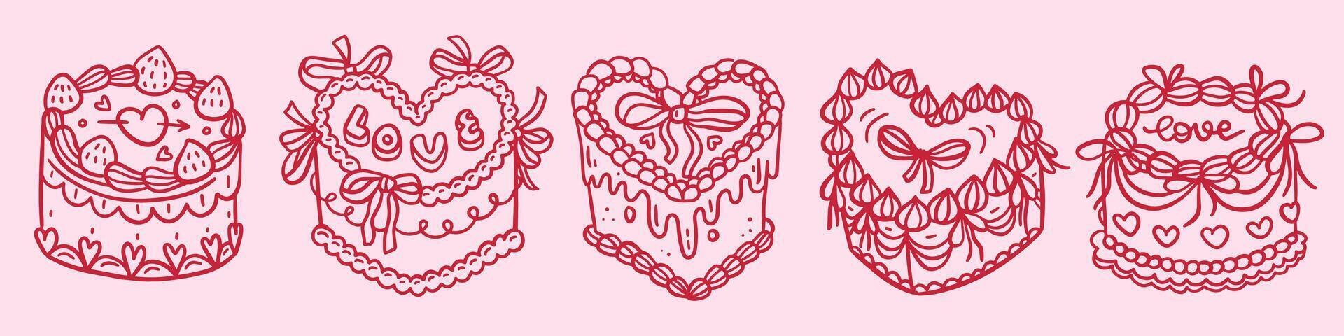 Heart Shape Vintage Cake with coquette Cream Set with Strawberry, Bows, Whipped Cream, Ribbons and Love Message. Valentine's day dessert. Hand drawn linear doodle illustration. vector